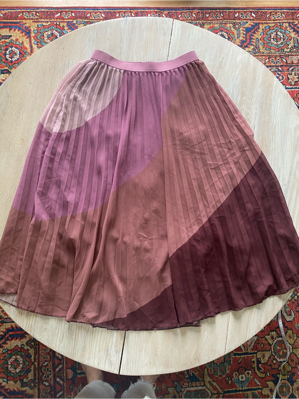 WD.NY Pleated Colorblock Midi Skirt in Mauve, Rose, and Plum